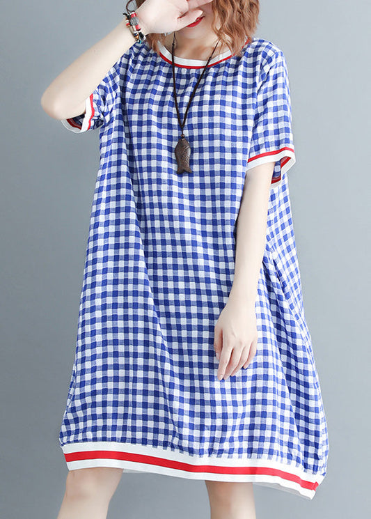 Französisches O-Ausschnitt-Baumwoll-Outfit in Übergröße, Arbeitsoutfits, blaues kariertes Kleid, Sommer