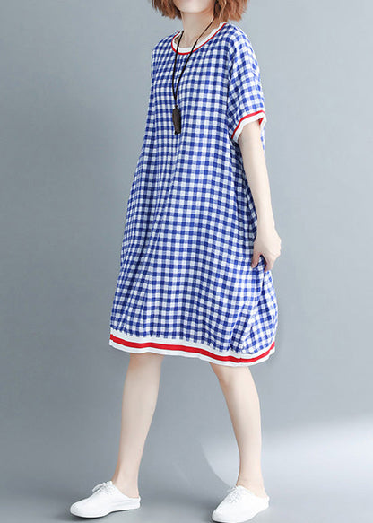 Französisches O-Ausschnitt-Baumwoll-Outfit in Übergröße, Arbeitsoutfits, blaues kariertes Kleid, Sommer