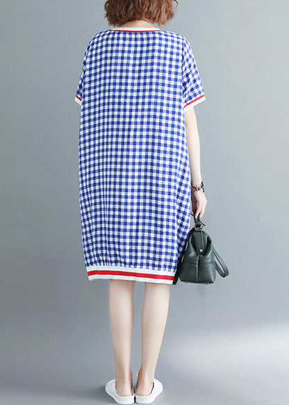 Französisches O-Ausschnitt-Baumwoll-Outfit in Übergröße, Arbeitsoutfits, blaues kariertes Kleid, Sommer