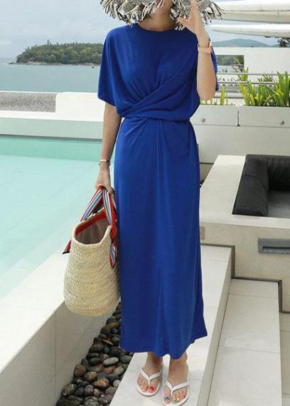 French o neck cotton summer dresses Work Outfits blue Plus Size Dress - SooLinen