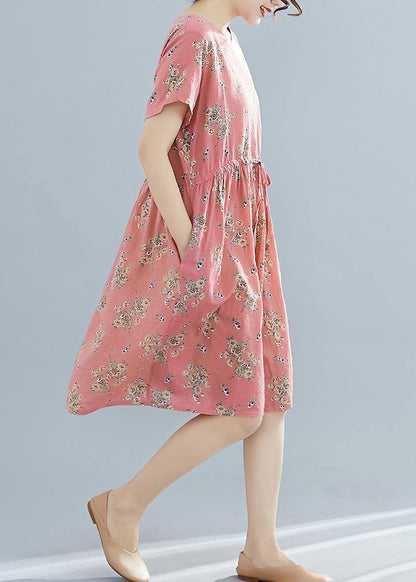 French o neck drawstring Cotton dress pink print Dresses summer - SooLinen