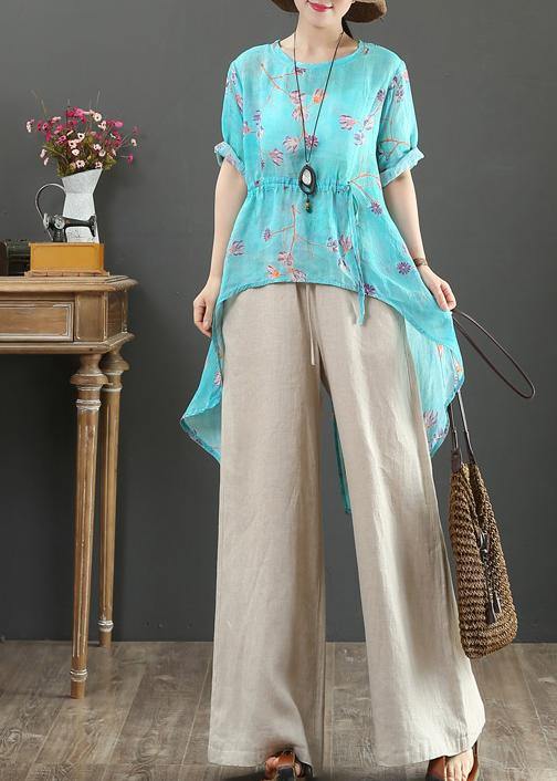 French o neck drawstring linen clothes Fabrics green print shirts - SooLinen