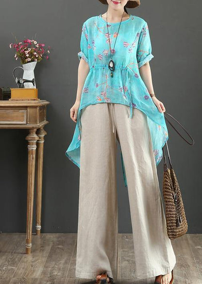 French o neck drawstring linen clothes Fabrics green print shirts - SooLinen