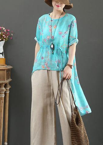 French o neck drawstring linen clothes Fabrics green print shirts - SooLinen