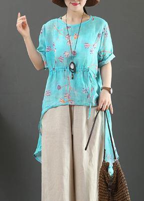 French o neck drawstring linen clothes Fabrics green print shirts - SooLinen