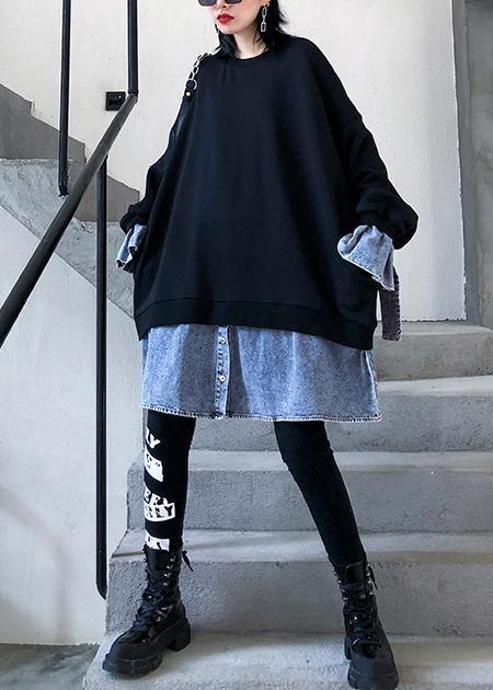 French o neck false two pieces box top Photography black shirt - SooLinen