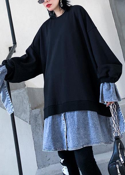 French o neck false two pieces box top Photography black shirt - SooLinen