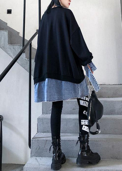 French o neck false two pieces box top Photography black shirt - SooLinen