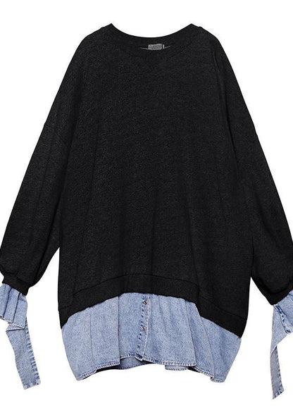 French o neck false two pieces box top Photography black shirt - SooLinen