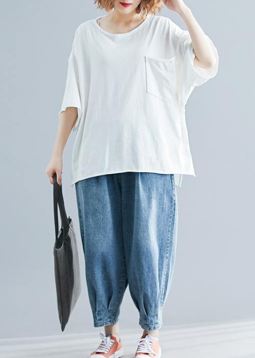 French o neck half sleeve cotton summer clothes For Women white tops - SooLinen