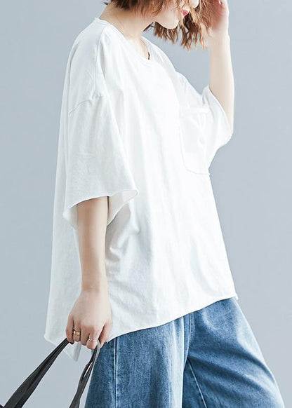 French o neck half sleeve cotton summer clothes For Women white tops - SooLinen