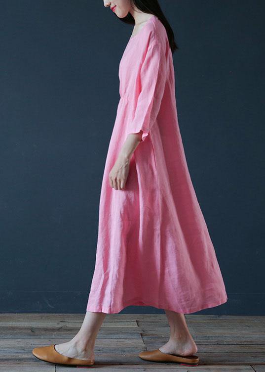 French o neck half sleeve linen outfit design pink Dress - SooLinen