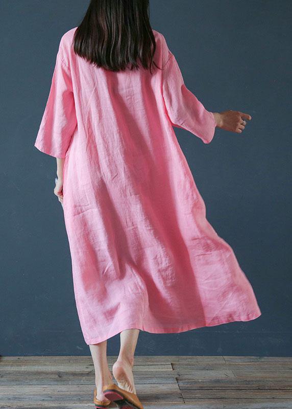 French o neck half sleeve linen outfit design pink Dress - SooLinen