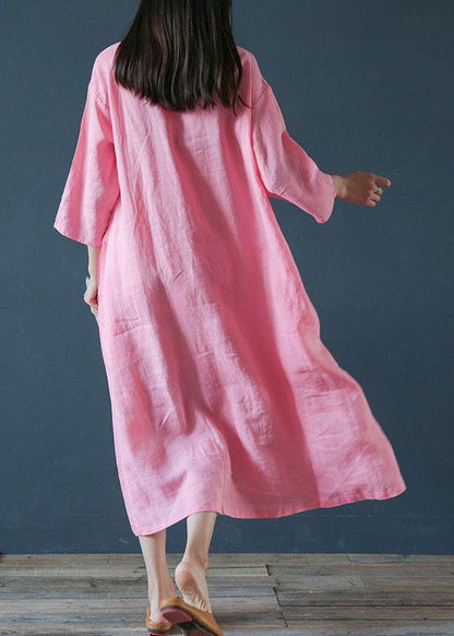 French o neck half sleeve linen outfit design pink Dress - SooLinen