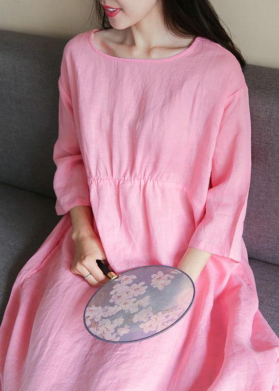French o neck half sleeve linen outfit design pink Dress - SooLinen