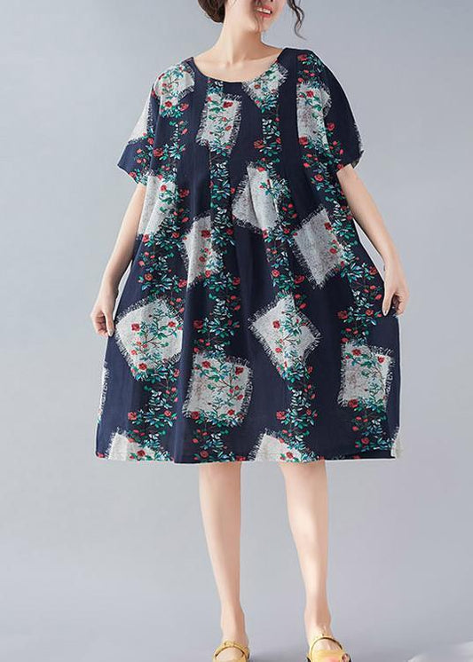 Französische Leinenkleidung mit Rundhalsausschnitt, Arbeitsoutfits aus dem 18. Jahrhundert, dunkelblauer Aufdruck, Alltagskleider, Sommer