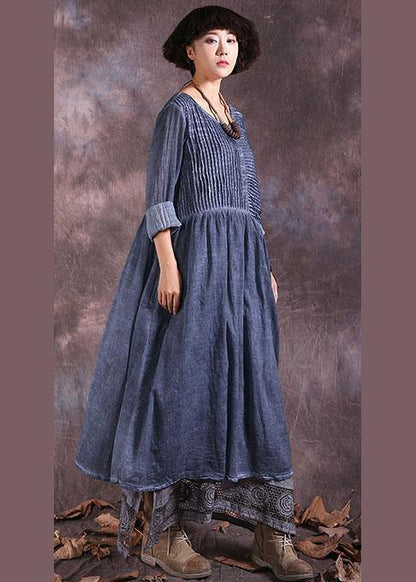 French o neck linen cotton clothes For Women Sewing blue Cinched Dresses summer - SooLinen