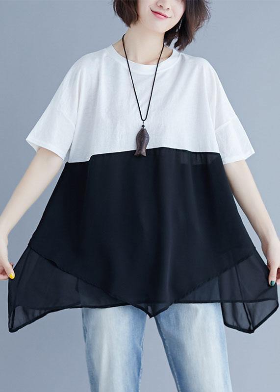 French o neck patchwork chiffon shirts women Inspiration white shirt summer - SooLinen