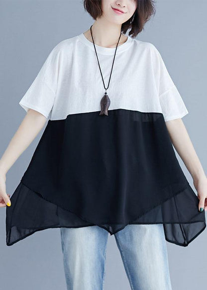 French o neck patchwork chiffon shirts women Inspiration white shirt summer - SooLinen