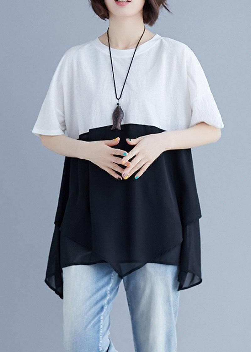 French o neck patchwork chiffon shirts women Inspiration white shirt summer - SooLinen