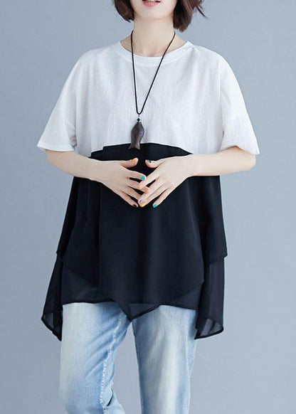 French o neck patchwork chiffon shirts women Inspiration white shirt summer - SooLinen