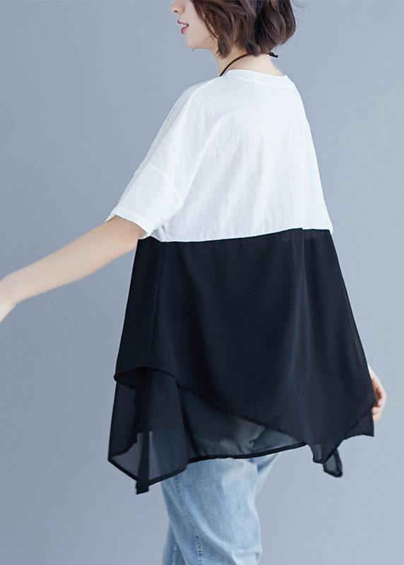 French o neck patchwork chiffon shirts women Inspiration white shirt summer - SooLinen