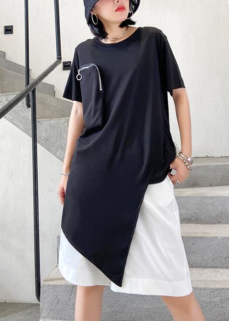 French o neck patchwork cotton top Sewing black shirts - SooLinen