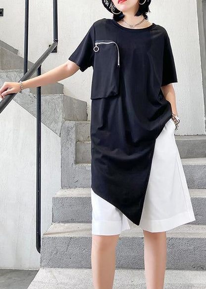 French o neck patchwork cotton top Sewing black shirts - SooLinen