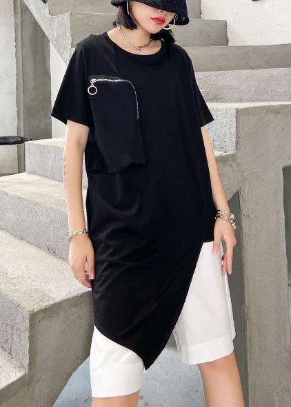 French o neck patchwork cotton top Sewing black shirts - SooLinen