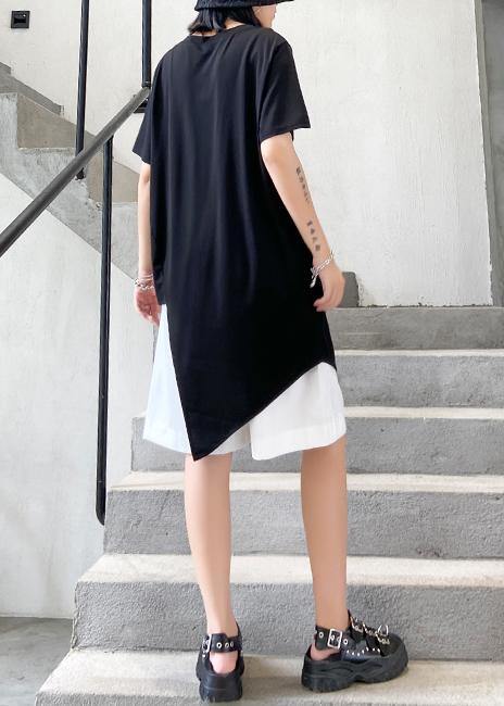 French o neck patchwork cotton top Sewing black shirts - SooLinen