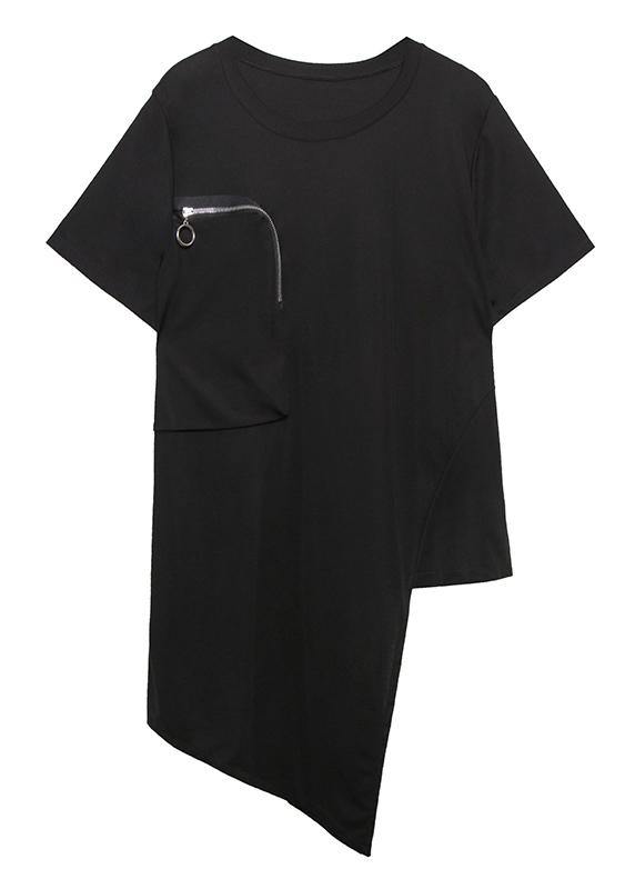 French o neck patchwork cotton top Sewing black shirts - SooLinen