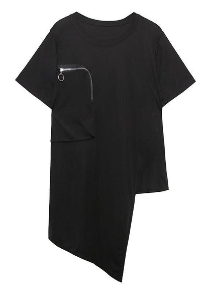 French o neck patchwork cotton top Sewing black shirts - SooLinen