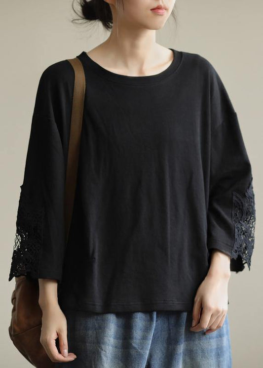 French o neck patchwork fall box top Fabrics black blouse - SooLinen