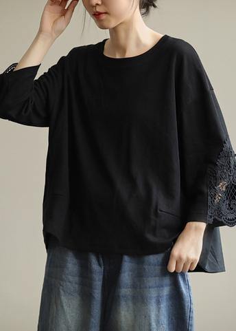 French o neck patchwork fall box top Fabrics black blouse - SooLinen