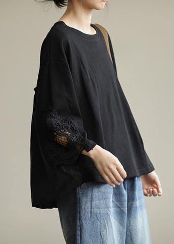 French o neck patchwork fall box top Fabrics black blouse - SooLinen