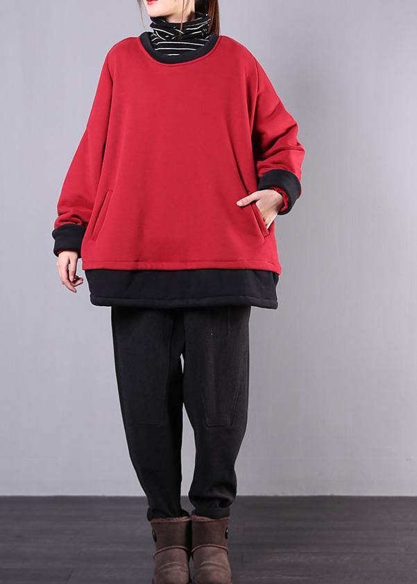 French o neck pockets cotton box top Sewing red tops - SooLinen