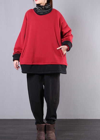 French o neck pockets cotton box top Sewing red tops - SooLinen