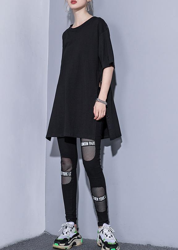 French o neck side open cotton tops Photography black blouse summer - SooLinen