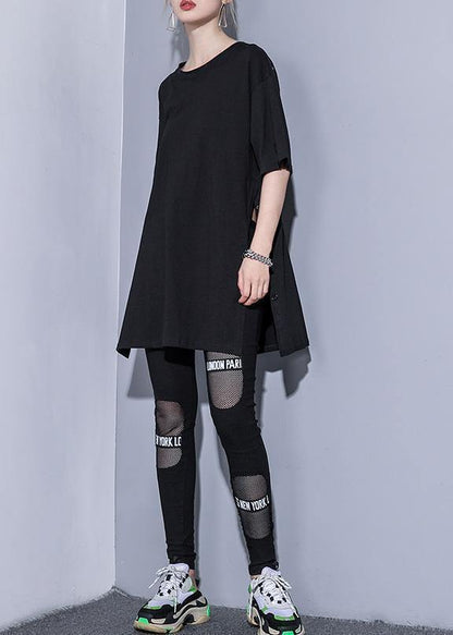 French o neck side open cotton tops Photography black blouse summer - SooLinen