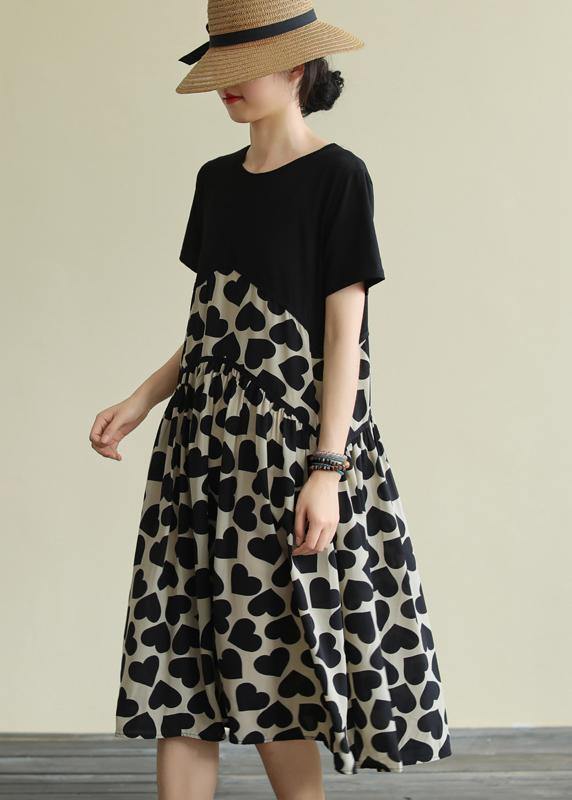 French o neck Cinched Cotton clothes For Women Runway black print Dress - SooLinen