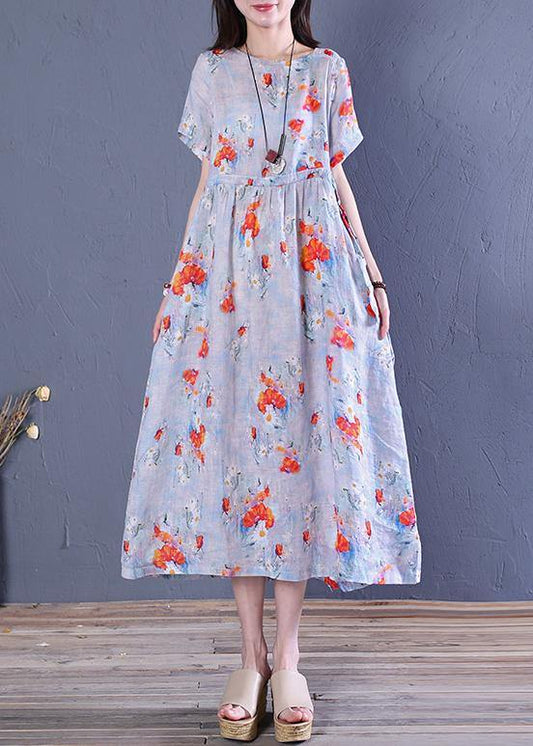 French o neck Cinched linen Robes Wardrobes blue print Dress - SooLinen