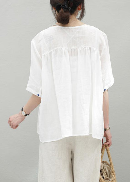 French orange linen clothes o neck Cinched Knee blouse - SooLinen