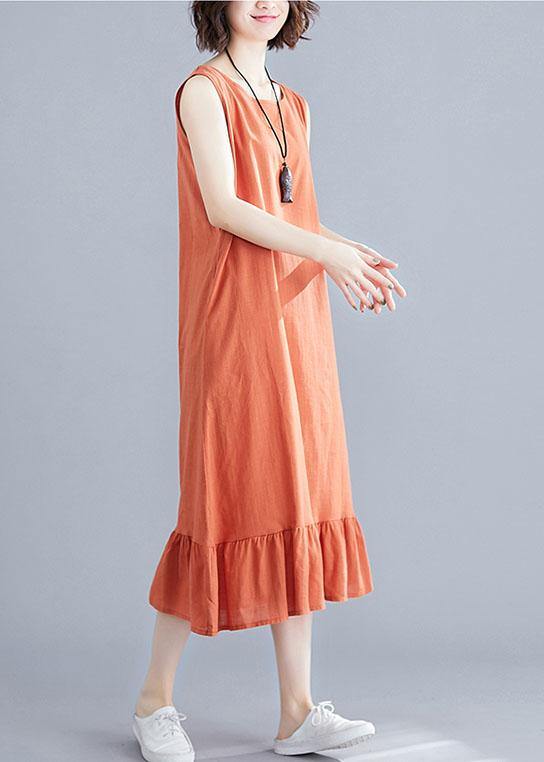 French orange linen cotton quilting clothes o neck sleeveless Love summer Dress - SooLinen
