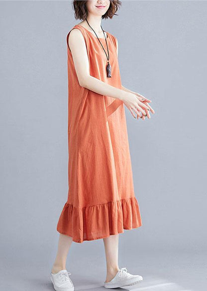 French orange linen cotton quilting clothes o neck sleeveless Love summer Dress - SooLinen