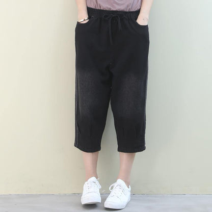 French pants plus size denim black elastic waist pockets pants - SooLinen