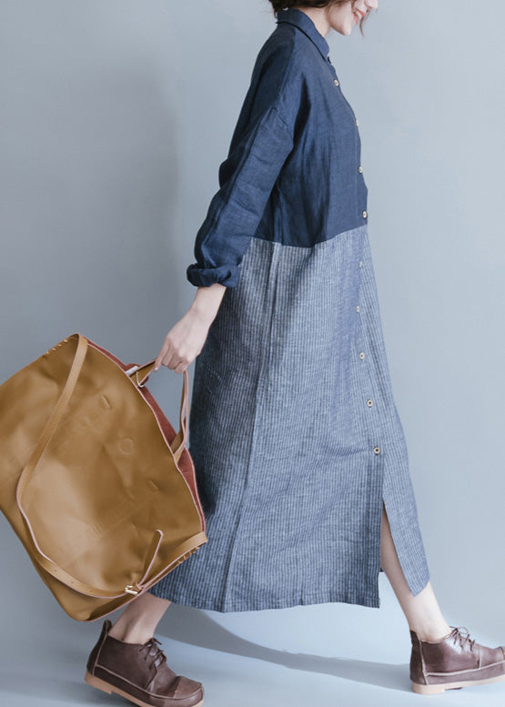 Französische Patchwork-Baumwollgarderoben, Einbauarbeit, blau gestreifte Baumwollroben, Frühlingskleid