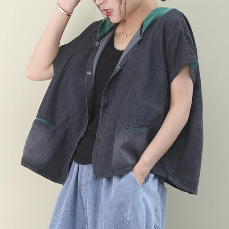 French patchwork cotton summer Blouse Neckline green hooded tops - SooLinen