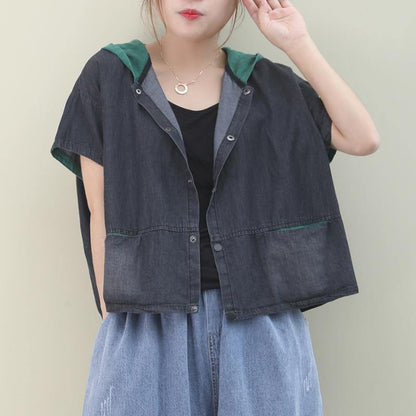 French patchwork cotton summer Blouse Neckline green hooded tops - SooLinen