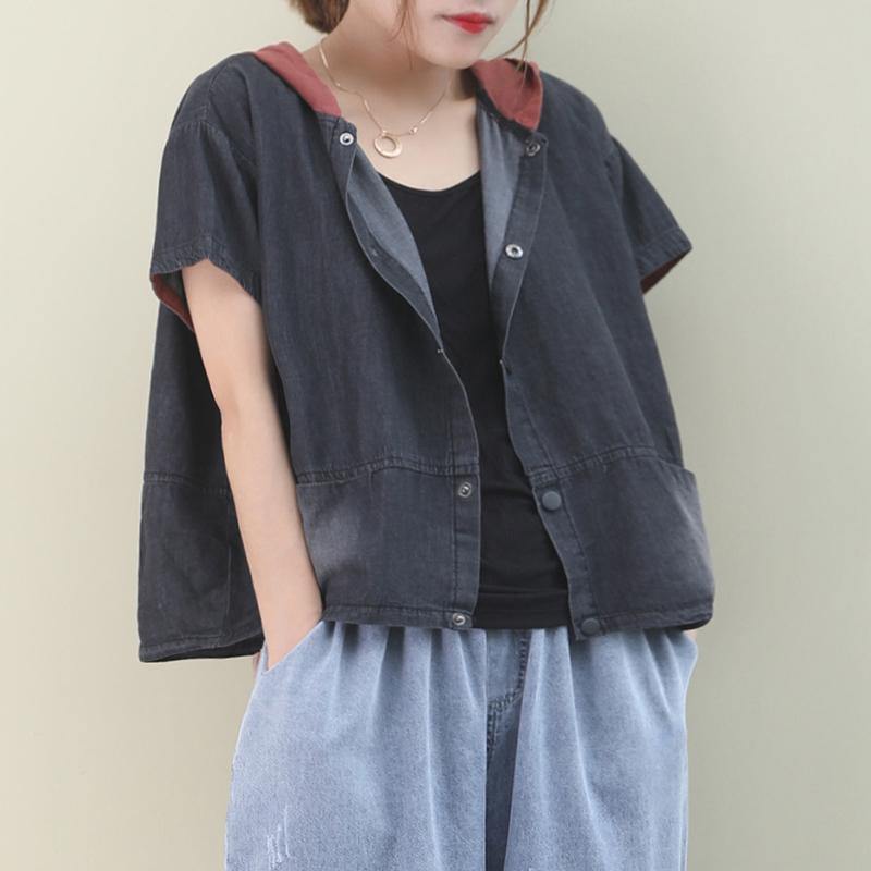 French patchwork cotton summer Blouse Neckline green hooded tops - SooLinen