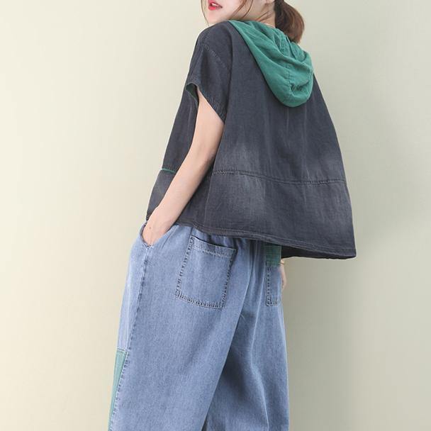 French patchwork cotton summer Blouse Neckline green hooded tops - SooLinen